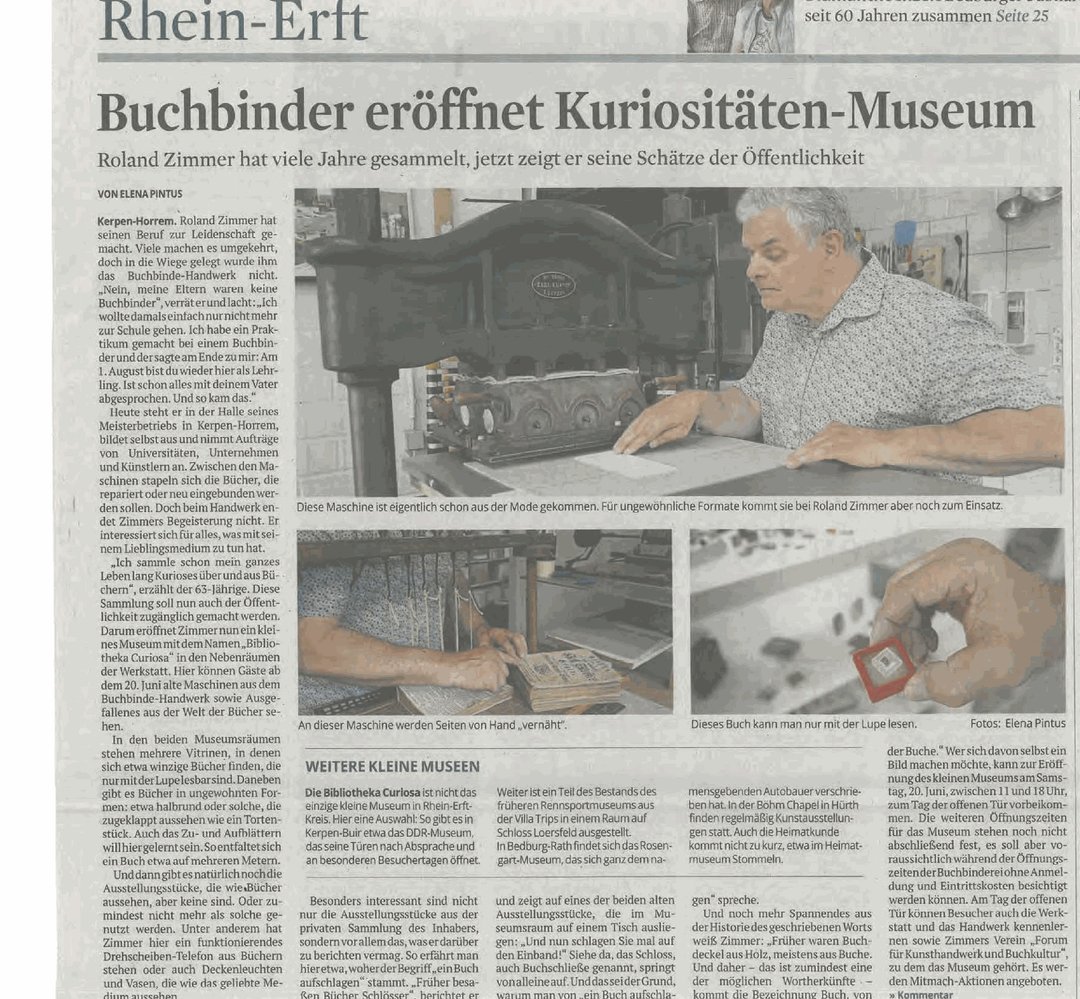 Zeitungsartikel „Buchbinder eröffnet Kuriositäten-Museum“ im Kölner Stadt-Anzeiger, Rhein-Erft, 10. Juni 2026
